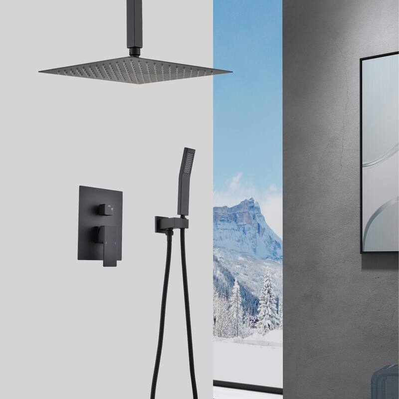 Shower Faucets Sets Complete Shower System 10 Inches Rain Shower Head with Handheld Shower Valve - MatteBlack