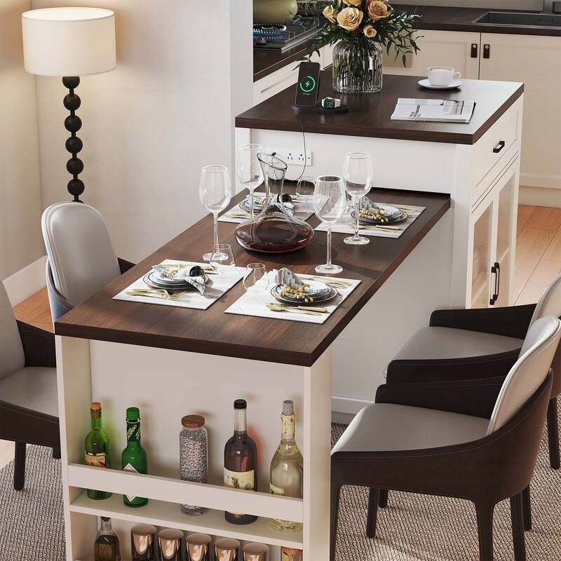 Extendable Dining Table with Tempered Glass Doors,Power Outlet
