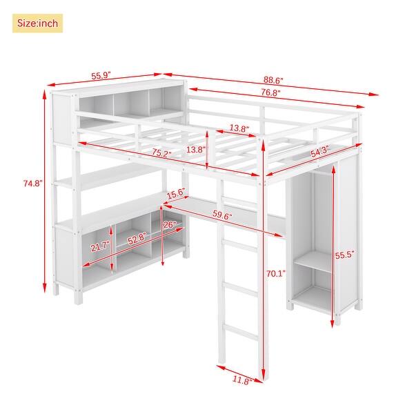 dimension image slide 1 of 2, Full Size Loft Bed with Wardrobe,L-shaped Desk,Storage Cubes and Shelves