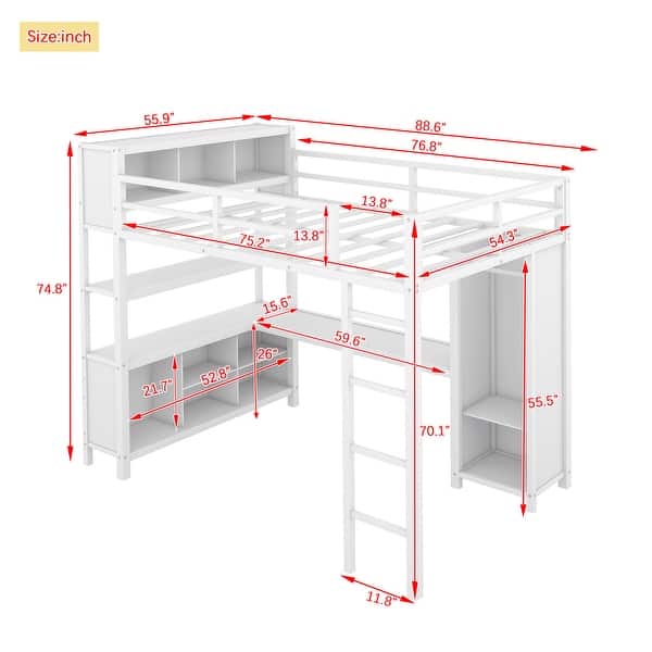 Metal Loft Bed with Wardrobe and L-shaped Desk, Full Size Loft Bed with Storage Cubes, Heavy Duty for Kids Teens Adults