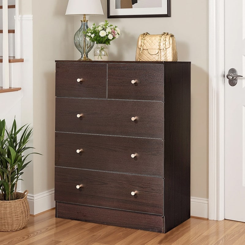 5-Drawer Dresser For Bedroom And Chest Of Drawers With Sturdy Construction Wood Storage Organizer For Closet - Brown