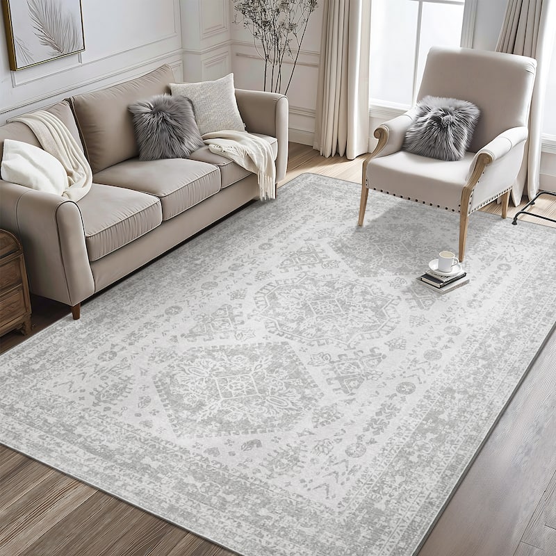 Mcow Floral Faded Low Pile Machine Washable Non-Slip Area Rug - 3'X5' - GREY - Rectangle