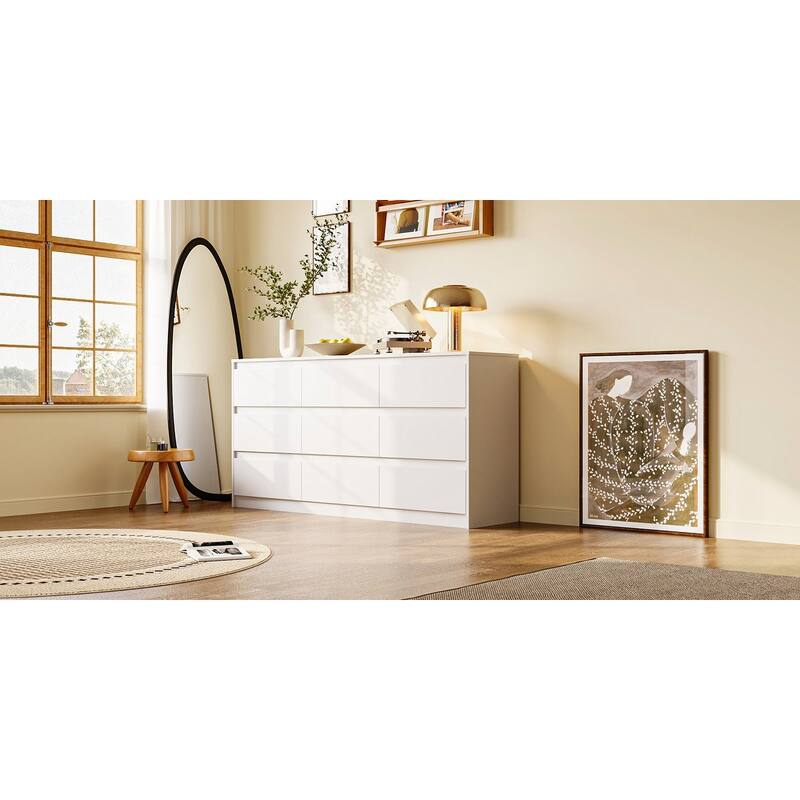 63" Modern 9-Drawer Dresser for Bedroom, Wide White Chest of Drawers, Large Storage Cabinet for Clothes Organization