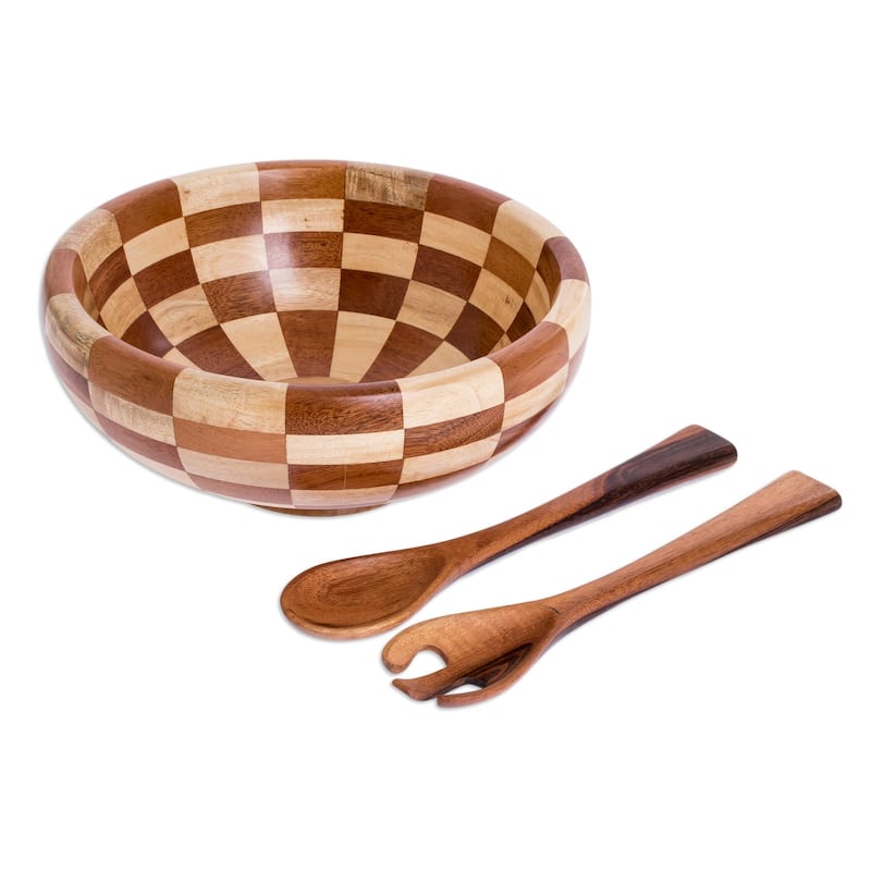 Novica Handmade Guatemala Checkerboard Mahogany Salad Serving Set