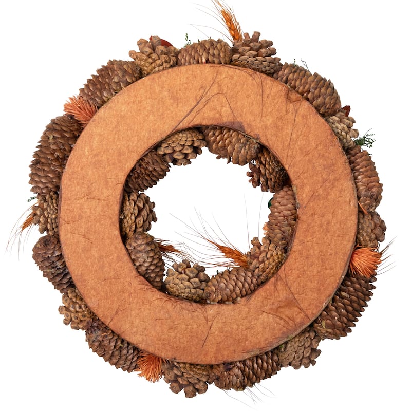 Autumn Harvest Orange Flowers Gourds Pine Cone Wreath 13.25 Inch Unlit