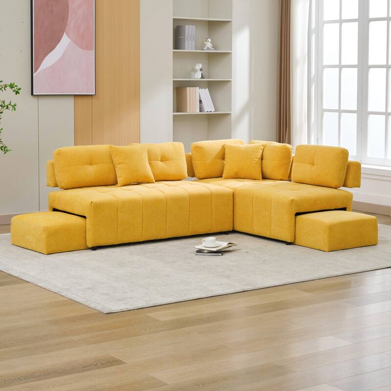 91.73" L-Shaped 4-Seat Sectional Sofa with 2 Hidden Stools, 2 Removable Lumbar Cushions, and Durable Chenille Fabric