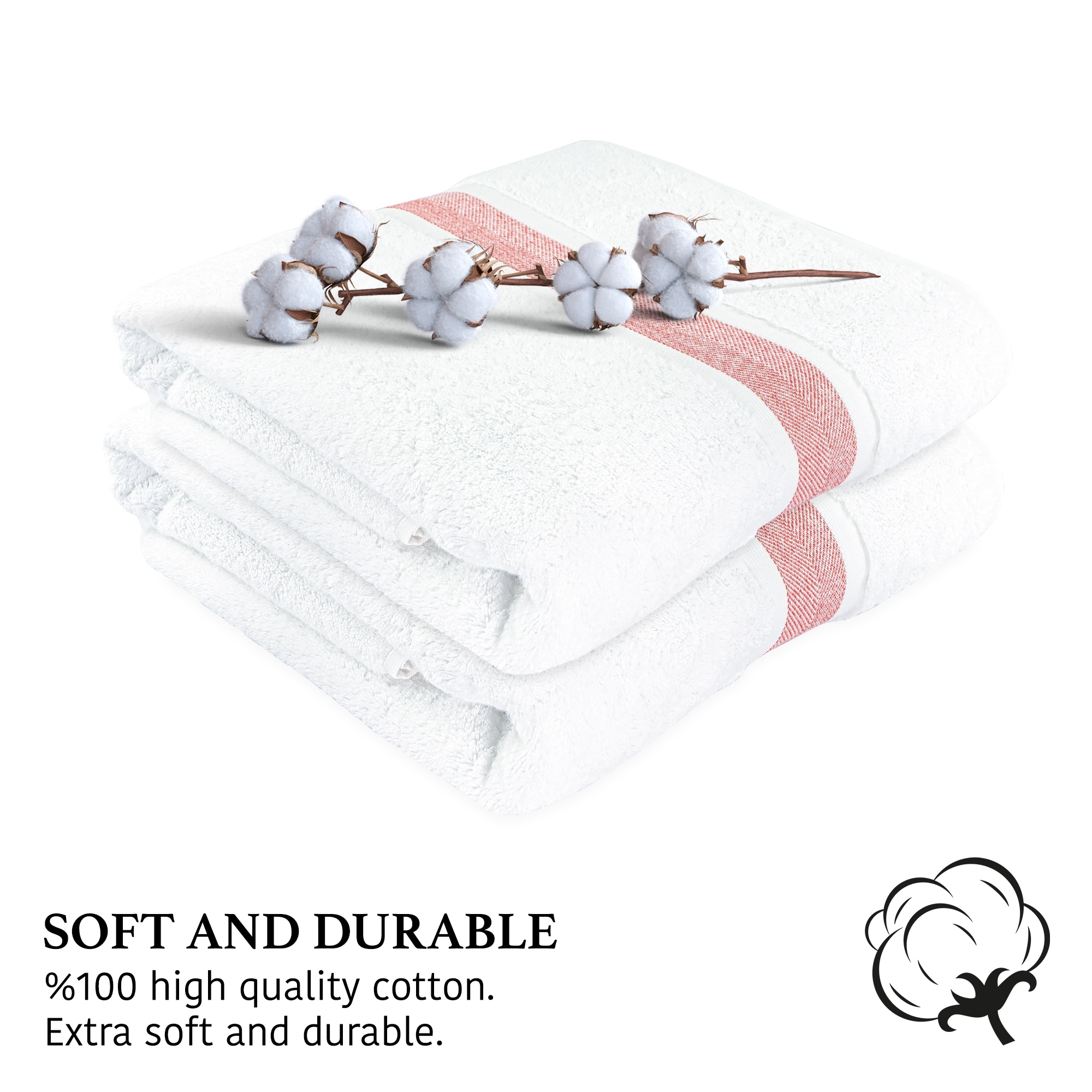 Ultra-Absorbent Natural Cotton Large Bath Towel Set in White & Salmon-image