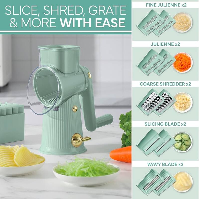 COOK WITH COLOR Rotary Cheese Grater with Handle Counter Suction Base 5 Blade Cheese Shredder Vegetable Chopper and Mandolin