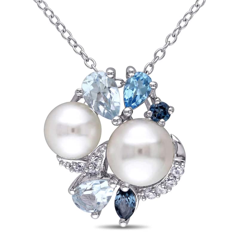 Miadora Sterling Silver Cultured Freshwater Pearl, Blue Topaz and Created White Sapphire Necklace