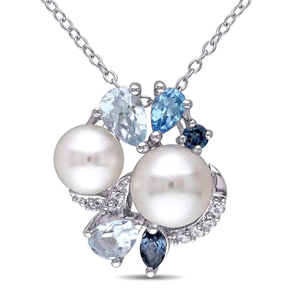 Miadora Sterling Silver Cultured Freshwater Pearl, Blue Topaz and Created White Sapphire Necklace