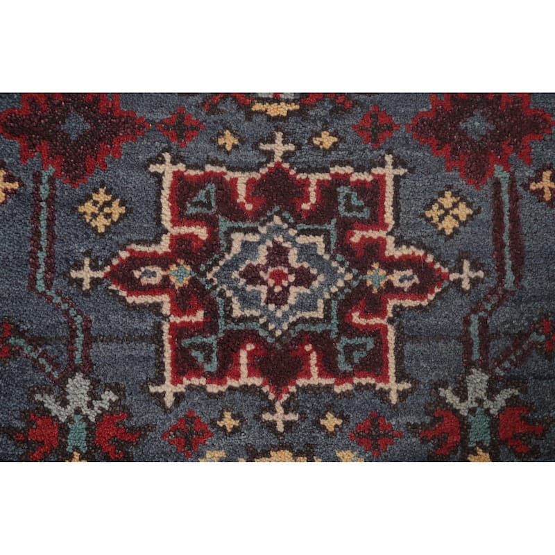 Geometric Kazak Runner Rug Handmade Blue Traditional Wool Carpet - 2'8"x 8'0"