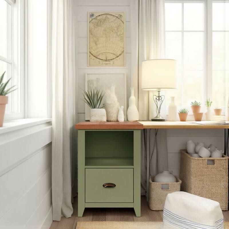 Bridgevine Home Modern Farmhouse 22 inch 1-drawer file, No Assembly Required, Two-Tone Finish - Sage Green and Fruitwood