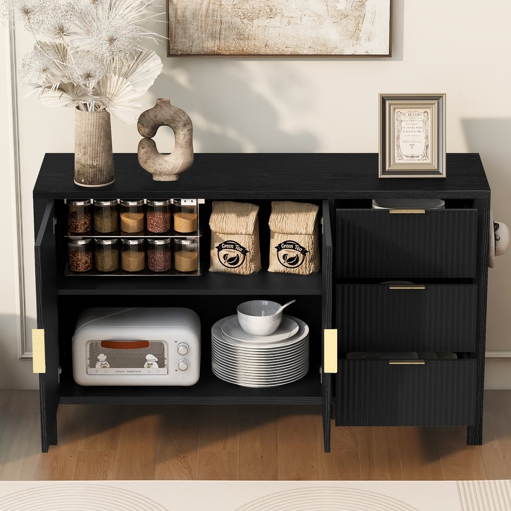 Wave-Pattern Sideboard with Hooks, 2 Doors & 3 Drawers, Large Capacity Buffet Cabinet, Storage Cabinet with Adjustable Shelf