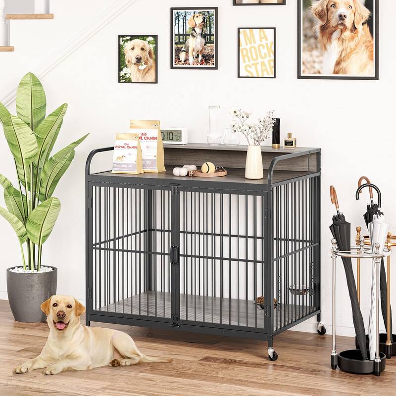 Dog Crate with Wheels, Adjustable Feeder, Storage Shelf, Table Top - Grey - Medium Size