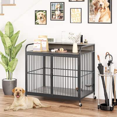 Dog Crate with Wheels, Adjustable Feeder, Storage Shelf, Table Top