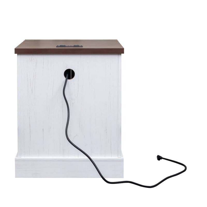 Farmhouse Nightstand with Charging Station, Rustic Bedside Table with Shelf