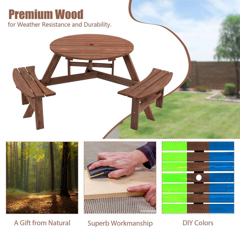 6 Seater Round Dining Table Set with 3 Built-in Benches, Outdoor Courtyard Wooden Picnic Table for Patio, Lawns, Garden