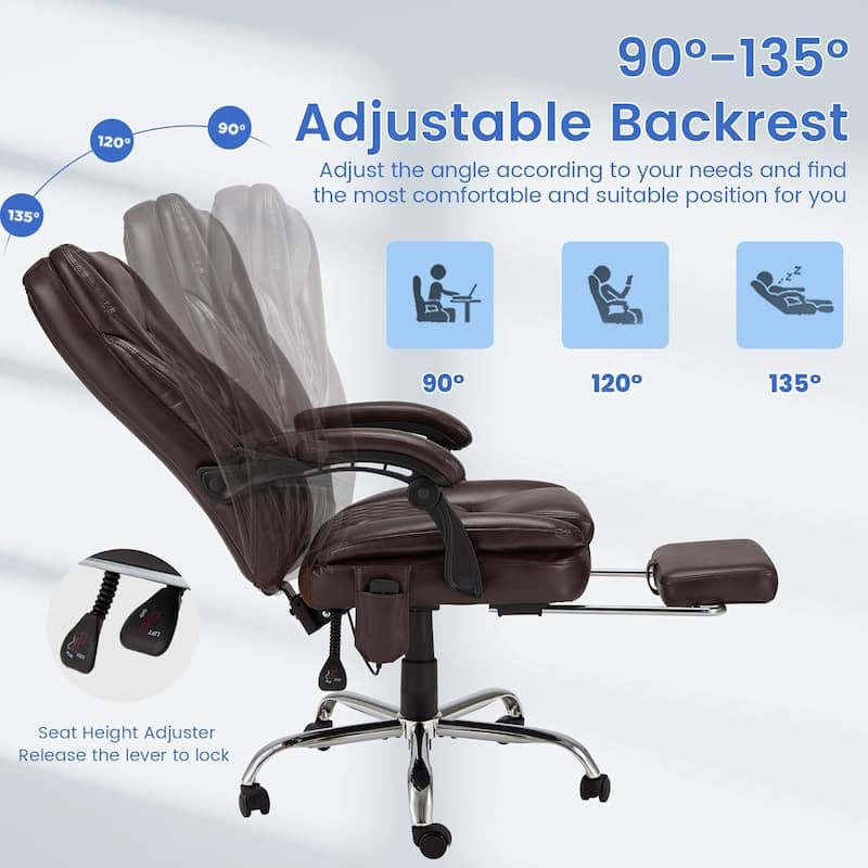 Ergonomic 6-Point Massage Office Chair with Heating, Reclining Function, Retractable Footrest, and Adjustable Armrests