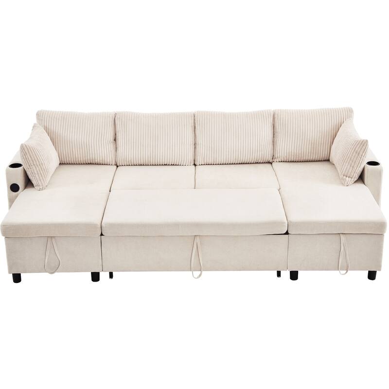 Sectional Sofa Pull-out Sofa Bed with Large Storage Space, 2 USB Ports and 2 Cup Holders Chenille Tufted Couch