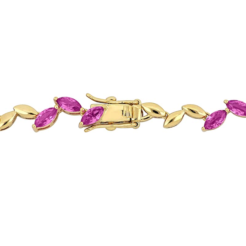 Miadora 20 3/8ct TGW Created Pink Sapphire Alternate Leaf Necklace in Yellow Silver-17 in
