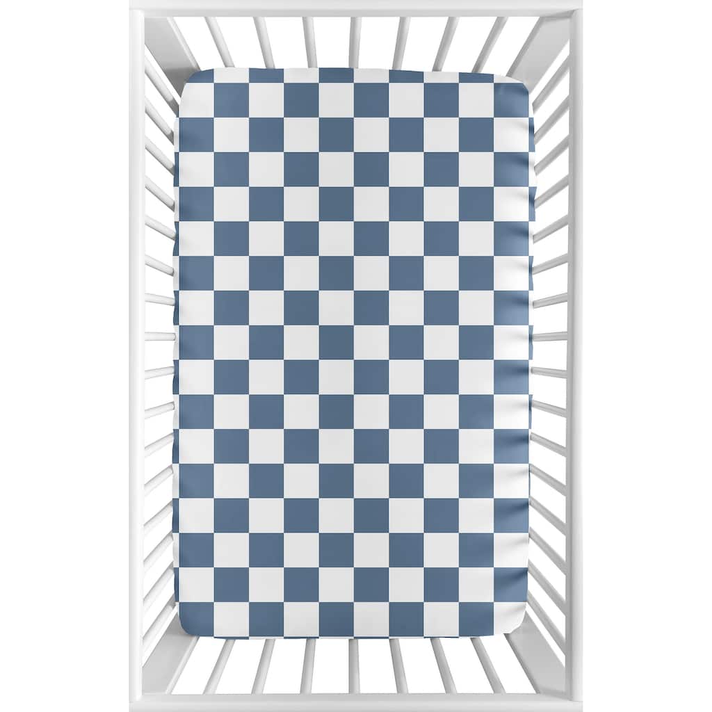 Sweet Jojo Designs Blue Gingham Checkered Plaid Boy Fitted Mini Portable Crib Sheet - Vintage, Classic, Checkerboard, Geometric