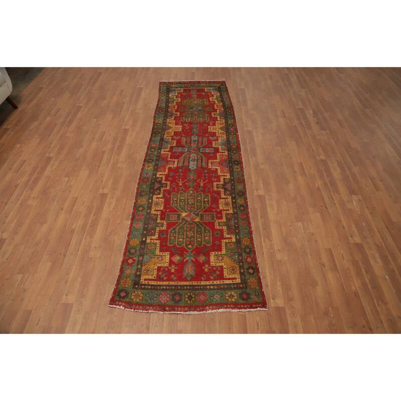 Hand Knotted Oriental 100% Wool Carpet Traditional Geometric Red Tabriz Runner Rug - 10' 7'' X 3' 1''