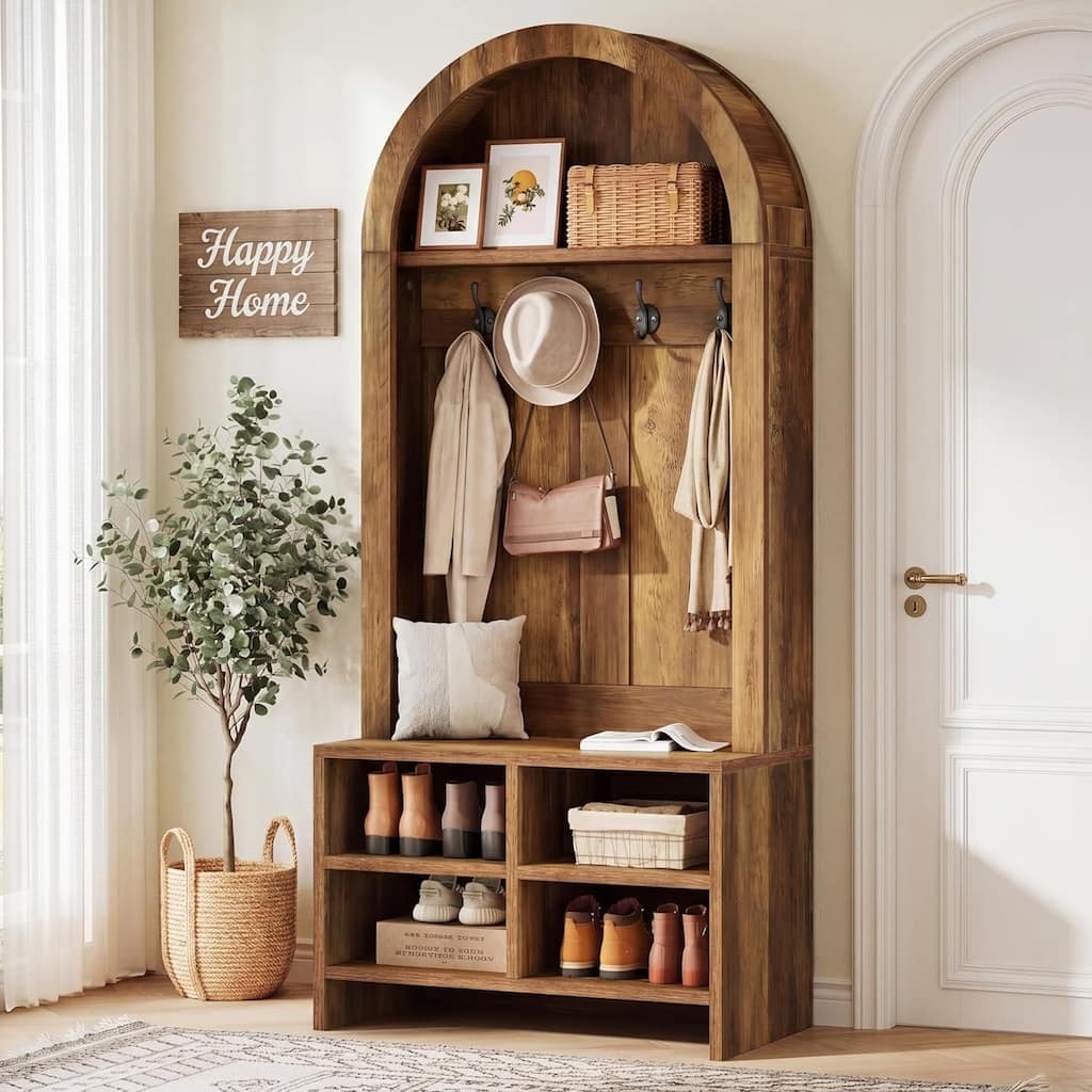 70.87" H Tall Arched Hall Tree with Bench and Shoe Storage, 4-in-1 Entryway Bench with Coat Rack - 31.49"W x 13.77"D x 70.86"H