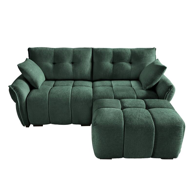Chenille Fabric Loveseat Sofa with Ottoman, Minimalist Living Room Couch, Modern Flared Arms 2-Seater Sofa for Apartment