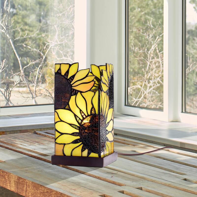 Sunny River of Goods Bronze Polyresin and Glass Rectangle Shade 9.75-Inch Accent Lamp - 5.5" x 5.5" x 9.75"