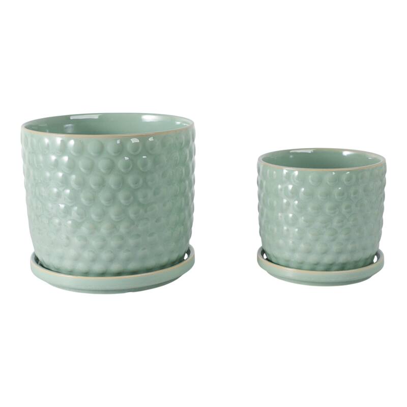 Ceramic Planters with Textured Bubble Surface and Saucers (Set of 2) - 8" x 8" x 7"