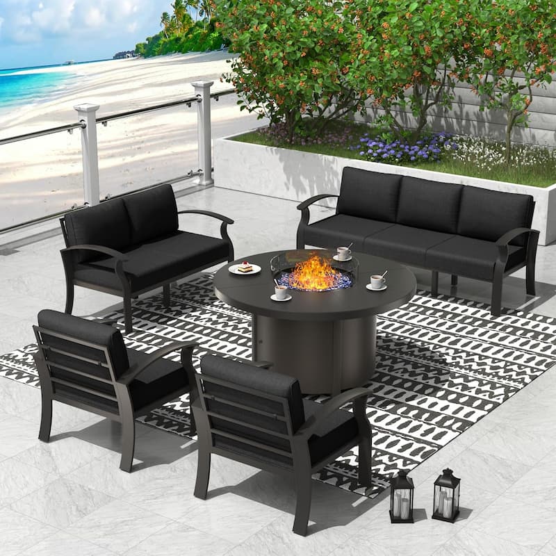 Patio Aluminum Sofa with Armrests, Outdoor Conversation Set with Round Fire Pit Table 5inch Thick Seat Cushions - 7Seats - Black