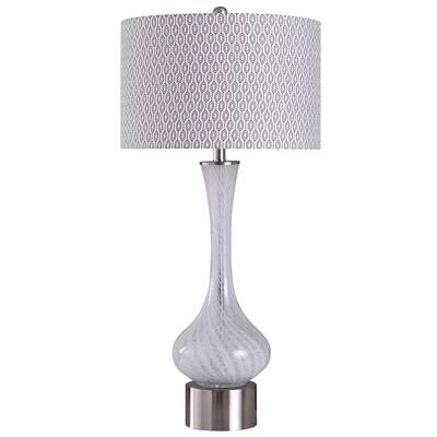 StyleCraft Albiona Silver with White Swirl Glass Table Lamp with Designer Print Drum Shade