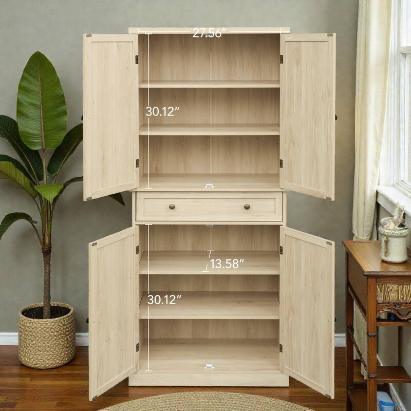 4 Door Storage Cabinet with Drawer, Adjustable Shelves Rattan Accent Cabinet with Anti-Tip Design