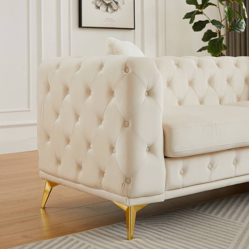 Velvet Chesterfield Loveseat Sofa, Tufted Button Upholstered 2 Seater Sofa, Lounge Sofa Chair with 2 Pillows & Metal Legs