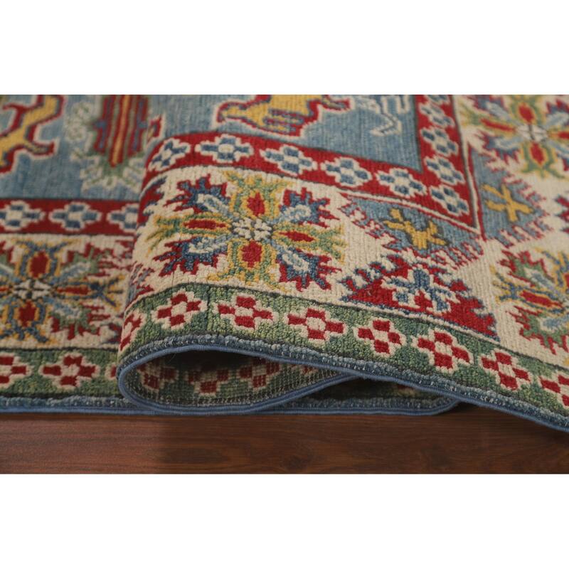 Light Blue Geometric Kazak Area Rug Hand-Knotted Wool Carpet - 4'10" x 6'7"
