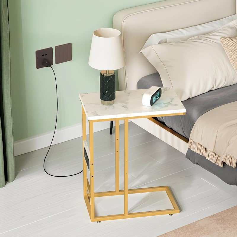 Javlergo C Shaped Side Table Small End Table with Charging Station 2 Outlets & 2 USB Ports for Small Spaces Living Room