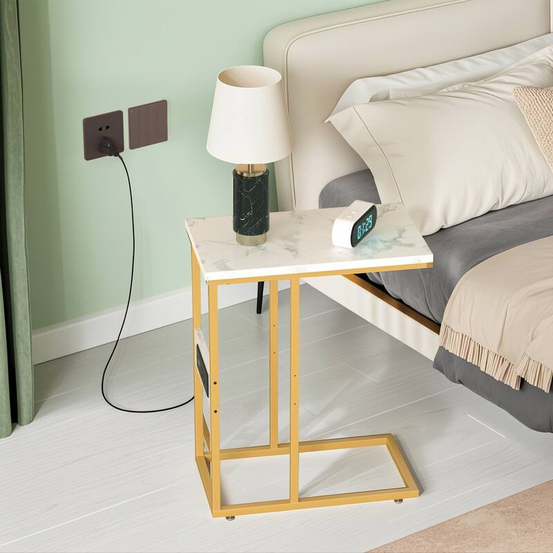 Javlergo Set of 2 C-Shaped End Tables with Charging Station Outlets & USB Fits Sofa Bed for Small Spaces Nightstand & Sofa Table
