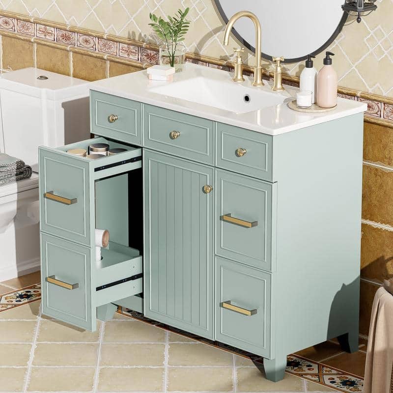 36" Wood Vanity with Ceramic Sink, Soft-Close Doors, Shelves, and Deep Drawers for Storage.