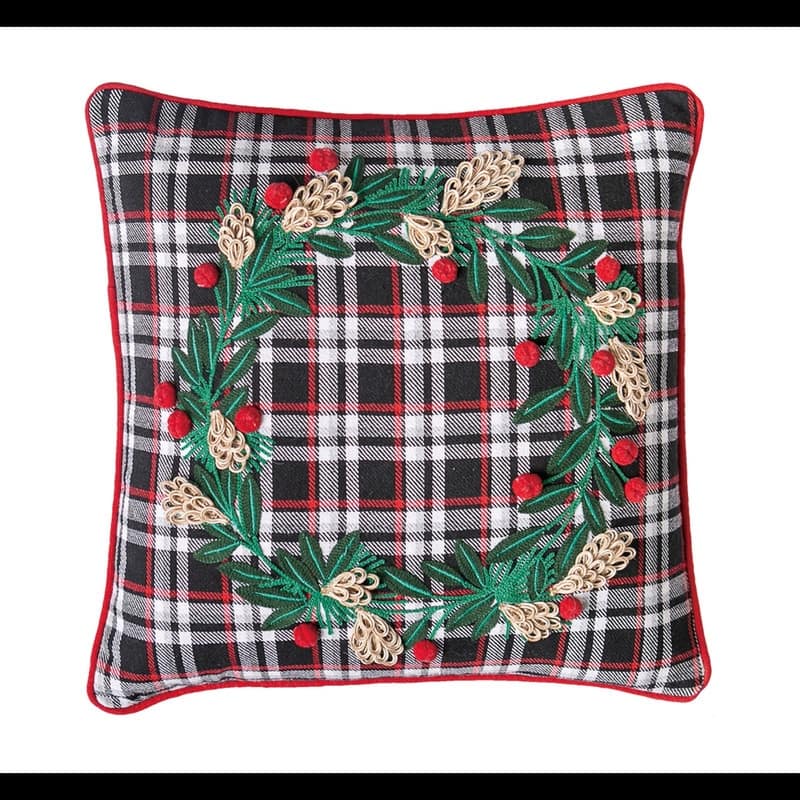 Black Plaid Embroidered Wreath Holiday Pillow