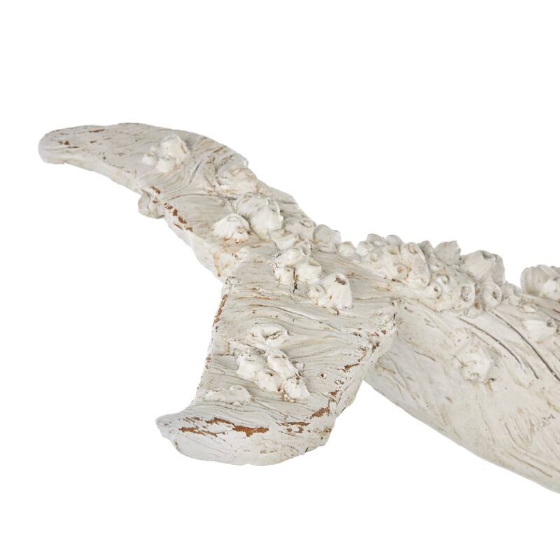 Cream Polystone Textured Whale Decorative Sculpture with Brown Distressing and Black Metal Stand