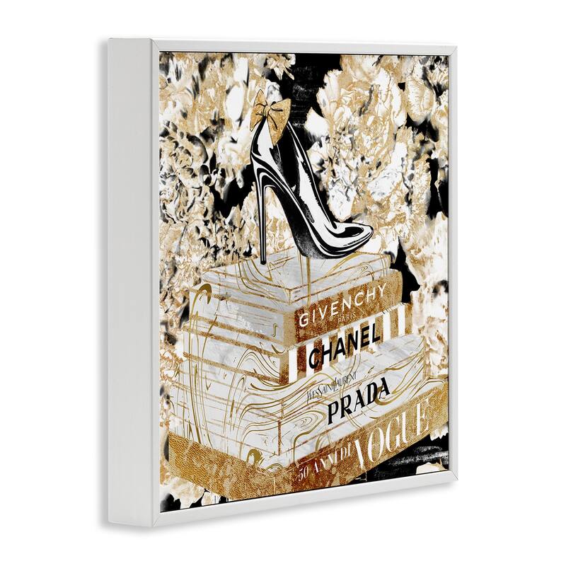 Stupell Fashion Heels and Books Black Gold Designer Details Framed Wall Art,12x12