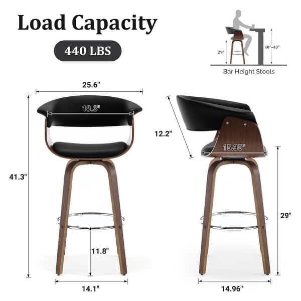 dimension image slide 7 of 14, 26"/29" Faux Leather Swivel Bar Stools, Wood Counter Stool