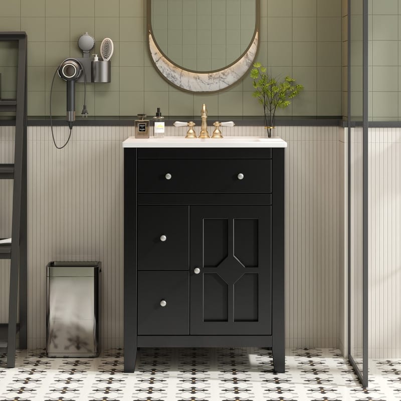 24" Bathroom Vanity with Ceramic Basin, 2 Drawers, Soft-Closing Door
