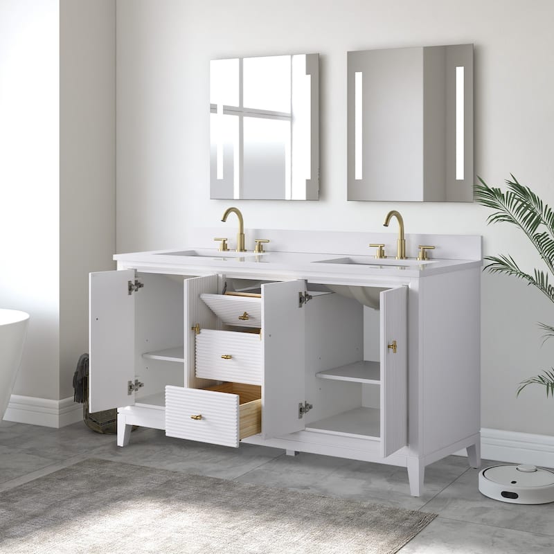 Vanity Art 60" Freestanding Bathroom Vanity with Engineered Marble Top and Sinks