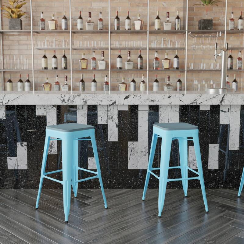 All-Weather Backless Commercial Bar Stool with Poly Resin Seat - Teal/Teal-Blue - Bar Height - 29-32 in.