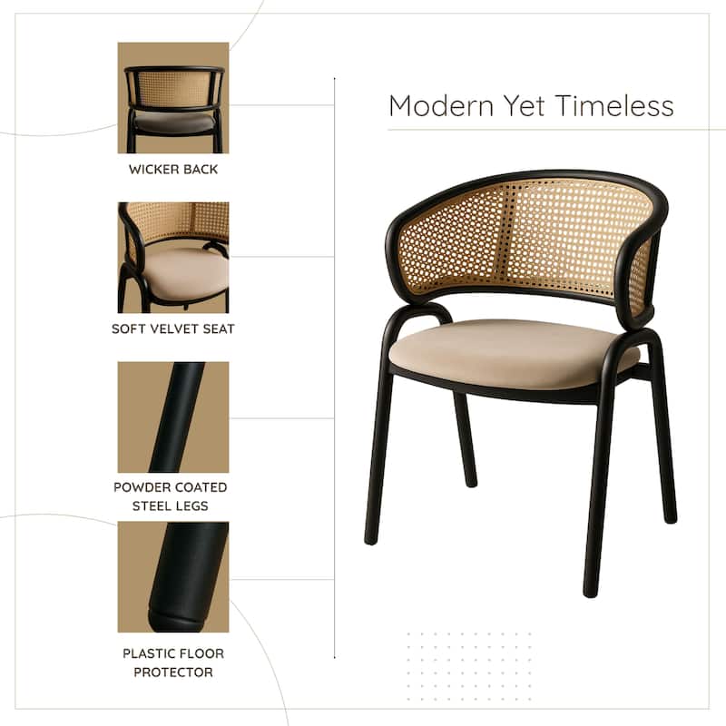 Ervilla Ergonomic Wicker Back Velvet Accent Dining Armchair with Powder Coated Steel Legs Protective Pad