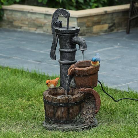Resin Whiskey Barrels and Water Pump Outdoor Patio Fountain