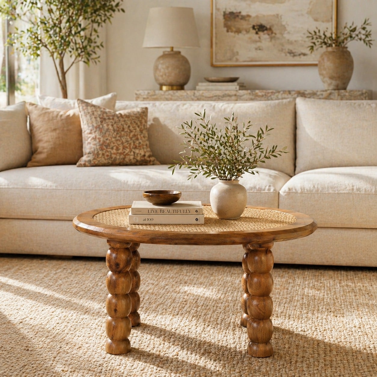 Artisan Furniture Solid Wood Spindle Rattan Coffee Table , Brown
