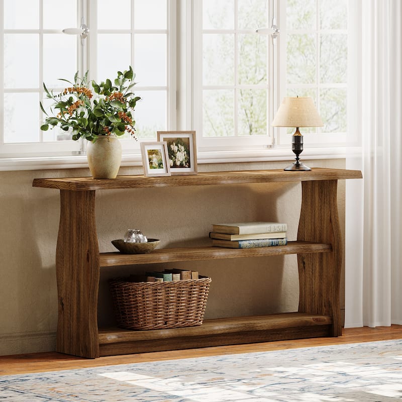 63" Solid Wood Console Table with Storage Shelves