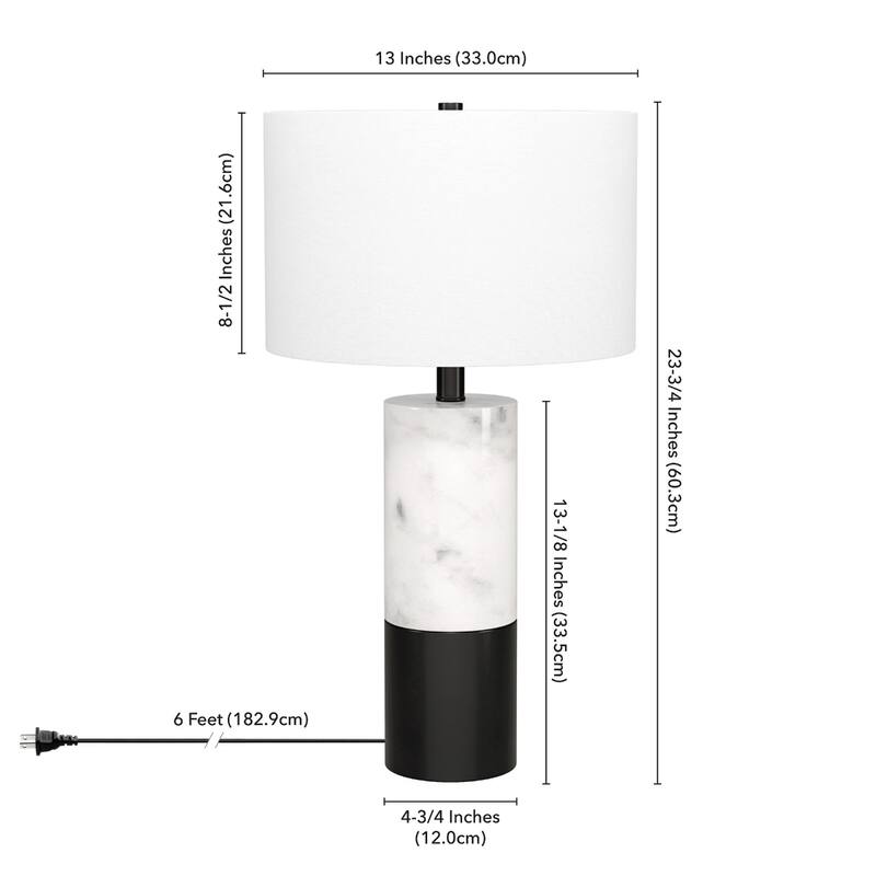 Stylish Black and White Marble Cylinder Table Lamp with Drum Shade - 13" x 13" x 23.75"